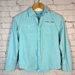 Guess Jeans Boys M 12/14 Aqua Blue Long Sleeve Button Down Shirt Logo